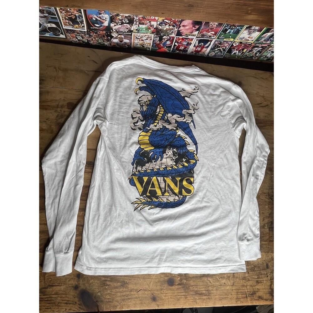 Vans Long Sleeve T Shirt Dragon Back Print White Blue Men’s Size Small